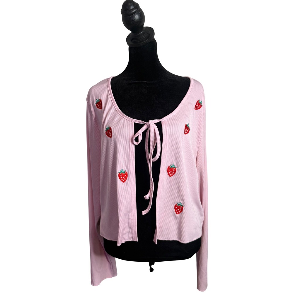 Coquette Embroidered Strawberry Tie Front Crop Cardigan Top L XL Ribbed‎ Pastel